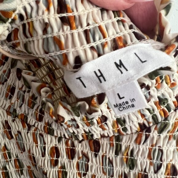 THML Anthropologie Shirt Ruffle Sleeve Preppy Smocked Top Cream Brown Size Large - Picture 3 of 8